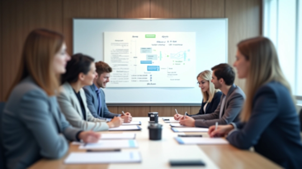 Conference room workspace with team collaborating on approval workflow and document review process