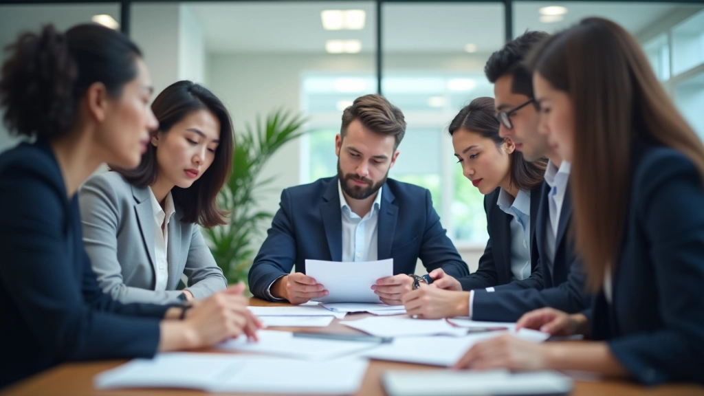Team meeting in conference room reviewing and discussing invoice processing workflow documents