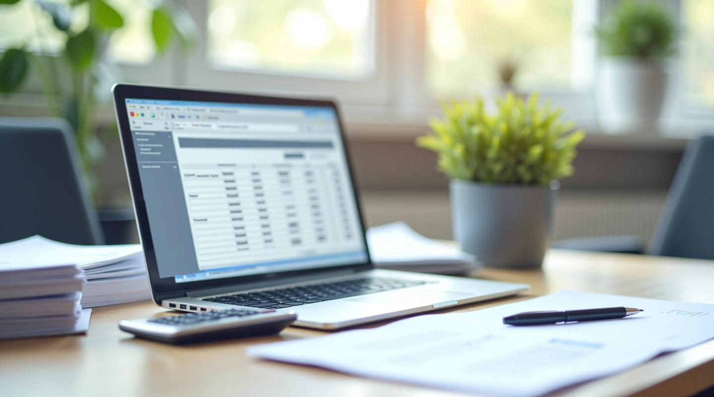 Modern office workspace with laptop showing invoice spreadsheet and organized filing system for document management