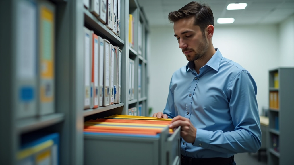 Organized filing system with labeled folders and color-coded documents in a professional office setting