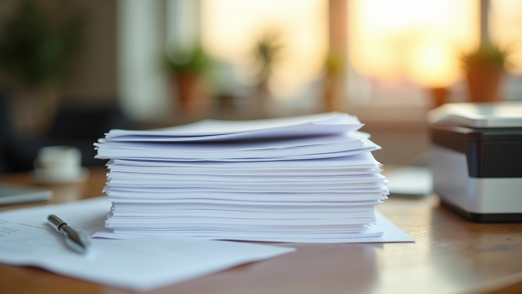 Stack of paper invoices and documents being scanned with optical character recognition processing